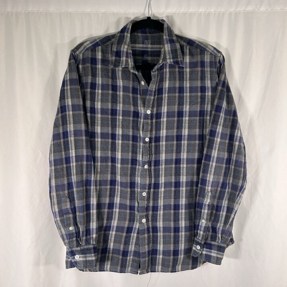 Jack Threads Flannel Shirt Men's Large Grey Blue Plaid Button Up Long Sleeve Cot
